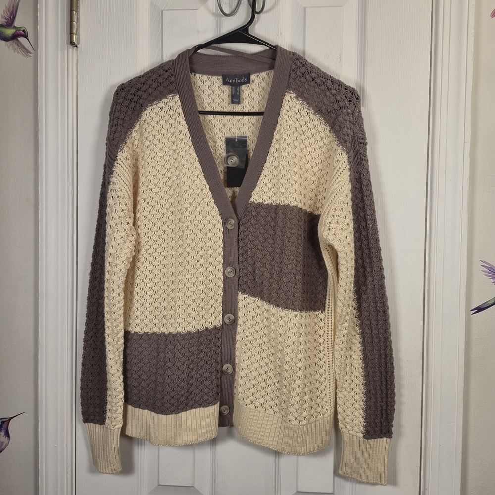 NWT AnyBody Colorblock Crochet Knit Cardigan Sweater Size Small Beige Cotton
